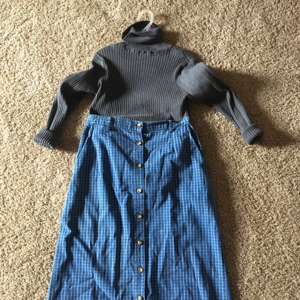 Long button up plaid blue skirt